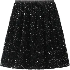 Women Dance Party A Line High Waisted Paillette Skirt Holiday Party Costume Half Skirts Sequin Skirt Knee Length