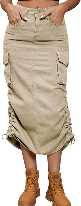 Women Drawing Rope Casual Fashion Half Body Denim Skirt Pleated Midi Skirt Crib Skirt Girl (Khaki-b, XXL)