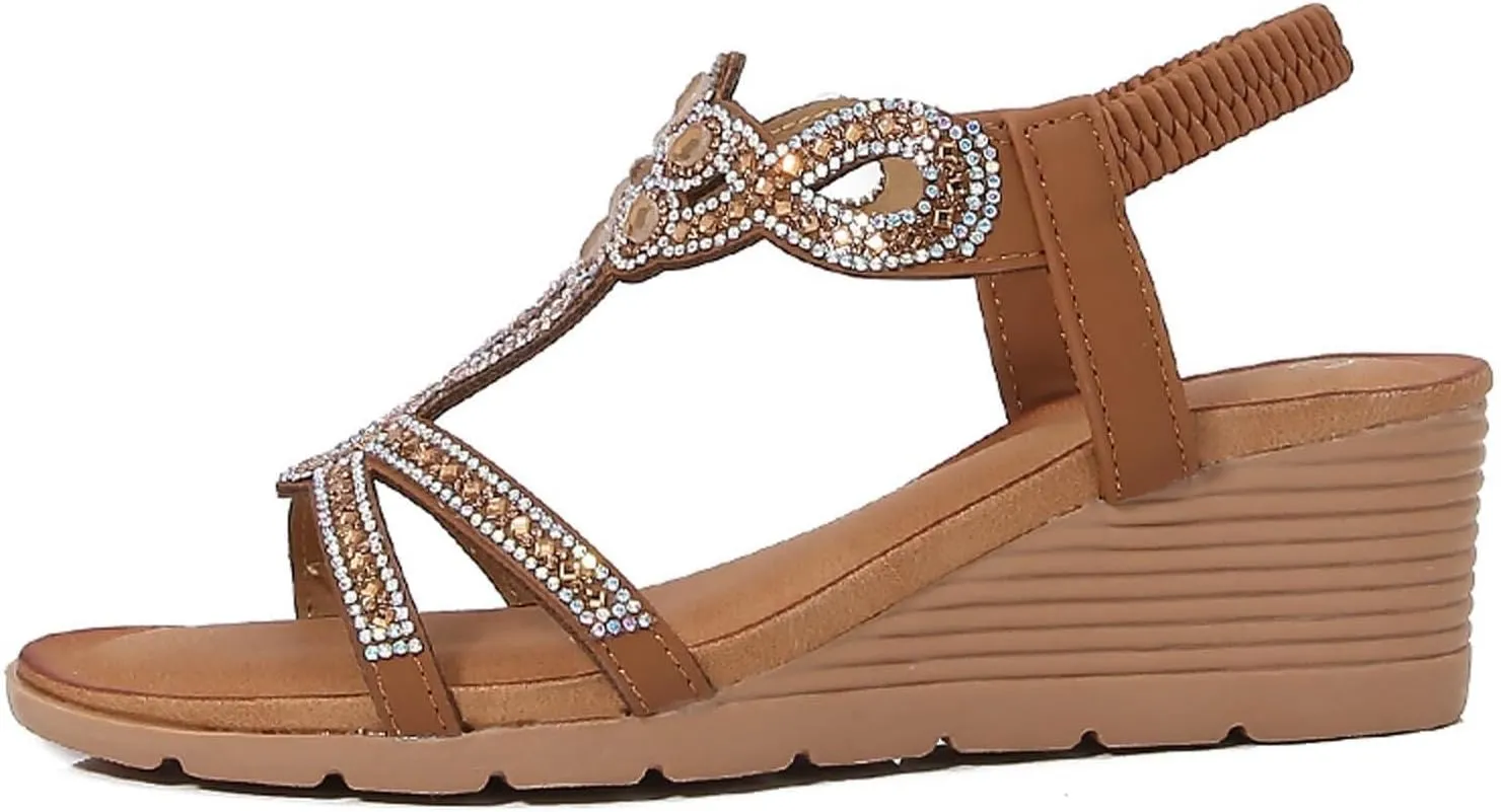 Women Dressy Summer Comfortable Open Toe Wedge Sandals Comfortable Low Heel Platform Elastic Ankle Strap Flower Wedges Sandal Casual Bohemian Slide Beach Rhinestone Fashion Shoes