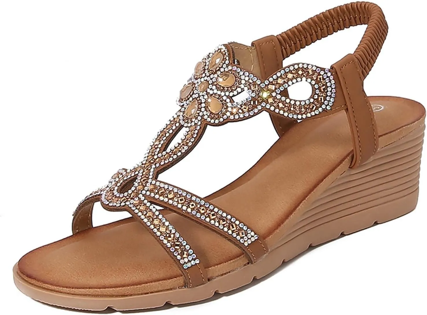 Women Dressy Summer Comfortable Open Toe Wedge Sandals Comfortable Low Heel Platform Elastic Ankle Strap Flower Wedges Sandal Casual Bohemian Slide Beach Rhinestone Fashion Shoes