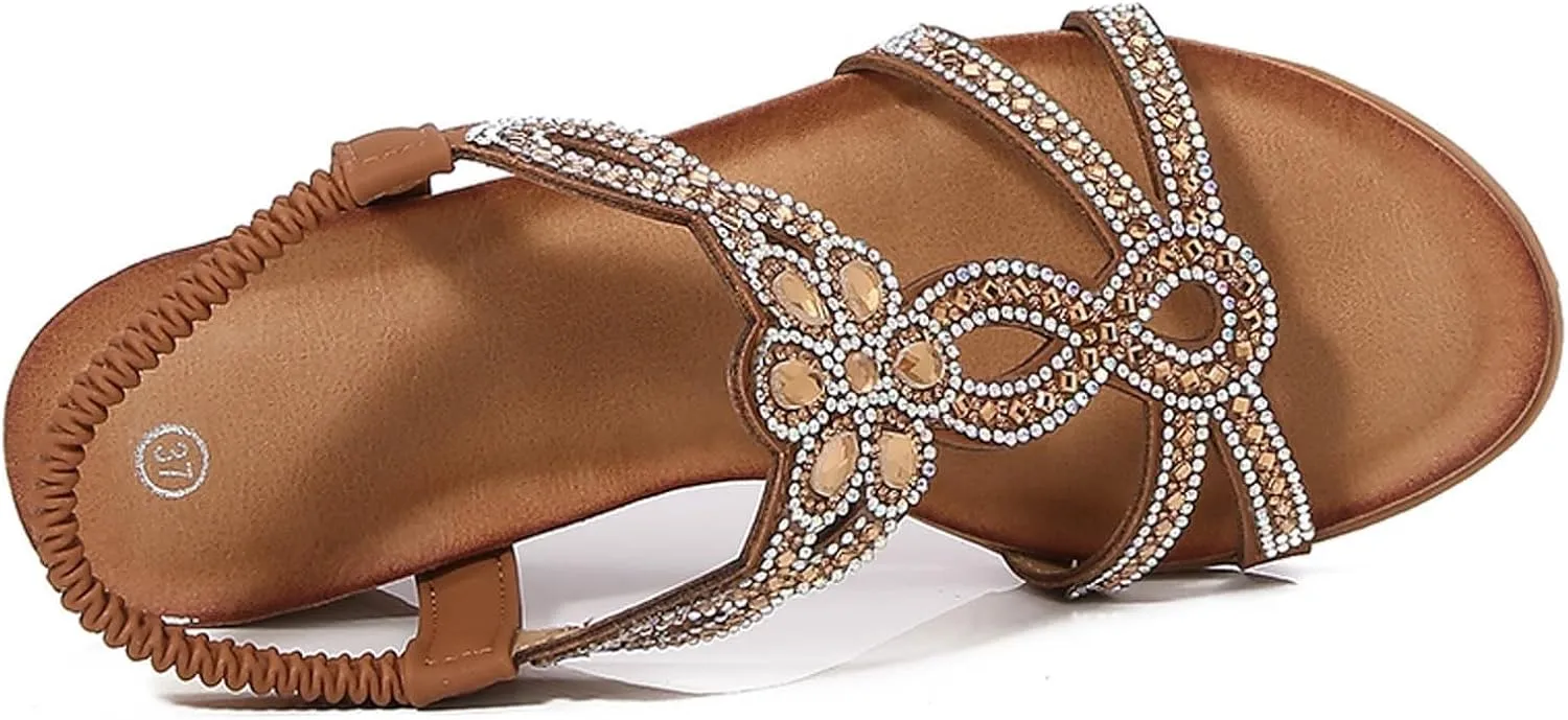 Women Dressy Summer Comfortable Open Toe Wedge Sandals Comfortable Low Heel Platform Elastic Ankle Strap Flower Wedges Sandal Casual Bohemian Slide Beach Rhinestone Fashion Shoes