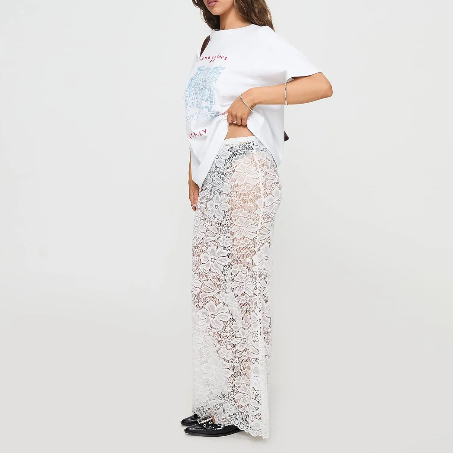 Women Fairy Lace Maxi Skirt Y2K Vintage Sheer Mesh Lace Floral Bodycon Long Skirt Sexy See-Through Half Slip Skirts