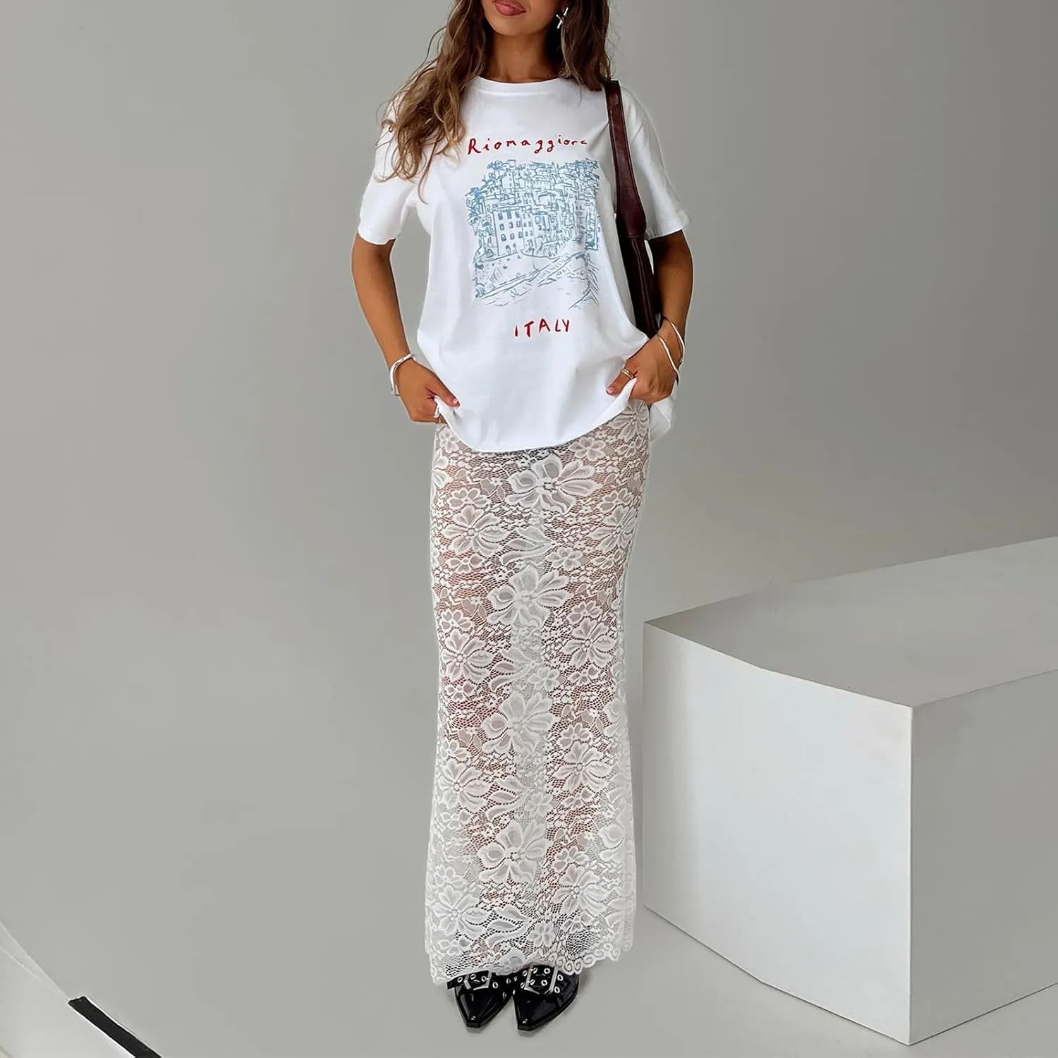 Women Fairy Lace Maxi Skirt Y2K Vintage Sheer Mesh Lace Floral Bodycon Long Skirt Sexy See-Through Half Slip Skirts