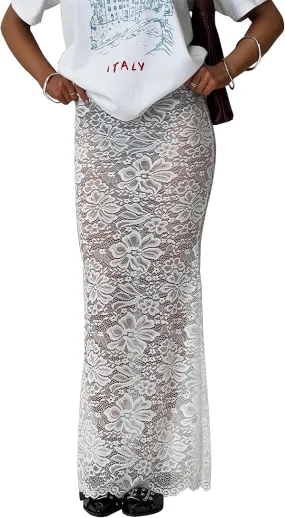 Women Fairy Lace Maxi Skirt Y2K Vintage Sheer Mesh Lace Floral Bodycon Long Skirt Sexy See-Through Half Slip Skirts