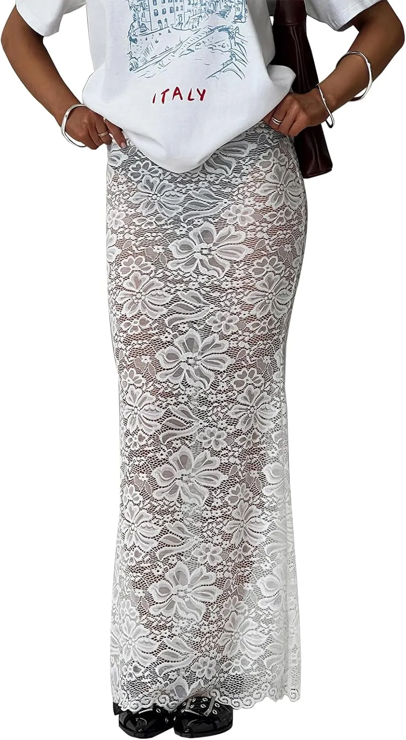 Women Fairy Lace Maxi Skirt Y2K Vintage Sheer Mesh Lace Floral Bodycon Long Skirt Sexy See-Through Half Slip Skirts