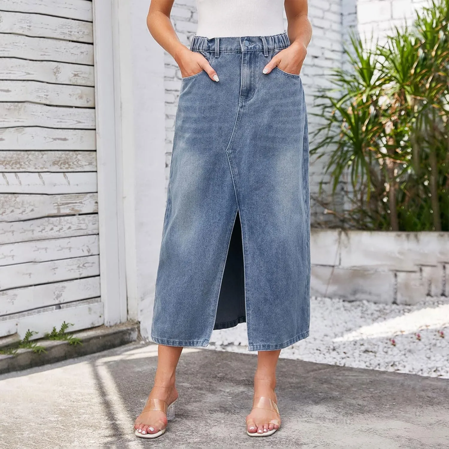 Women Fashion Denim Midi Skirt, High Waisted Stretch A-Line Skirts Slit Front Washed Cargo Jean Skirts with Pockets