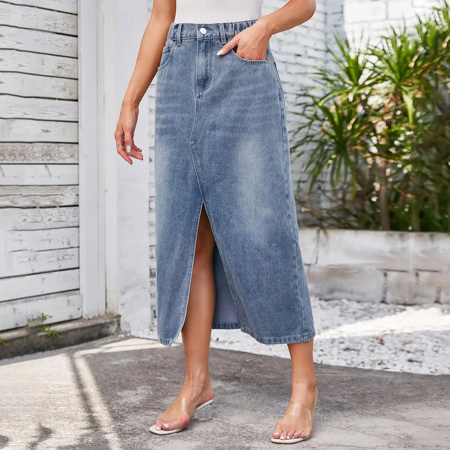 Women Fashion Denim Midi Skirt, High Waisted Stretch A-Line Skirts Slit Front Washed Cargo Jean Skirts with Pockets