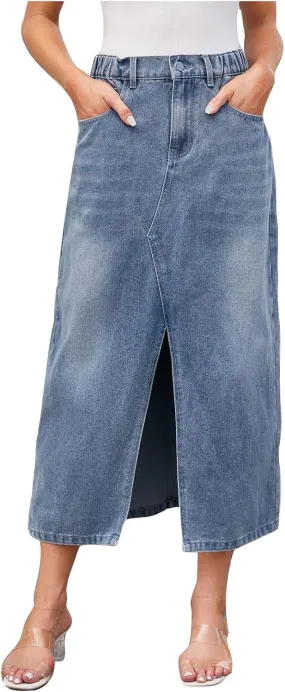 Women Fashion Denim Midi Skirt, High Waisted Stretch A-Line Skirts Slit Front Washed Cargo Jean Skirts with Pockets