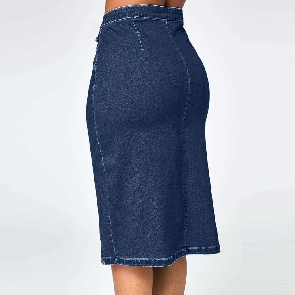 Women Fashion Denim Pencil Skirt High Waisted Blow Knee Blue Jeans Skirts Plus Size Pencil Skirt (Blue, XL)