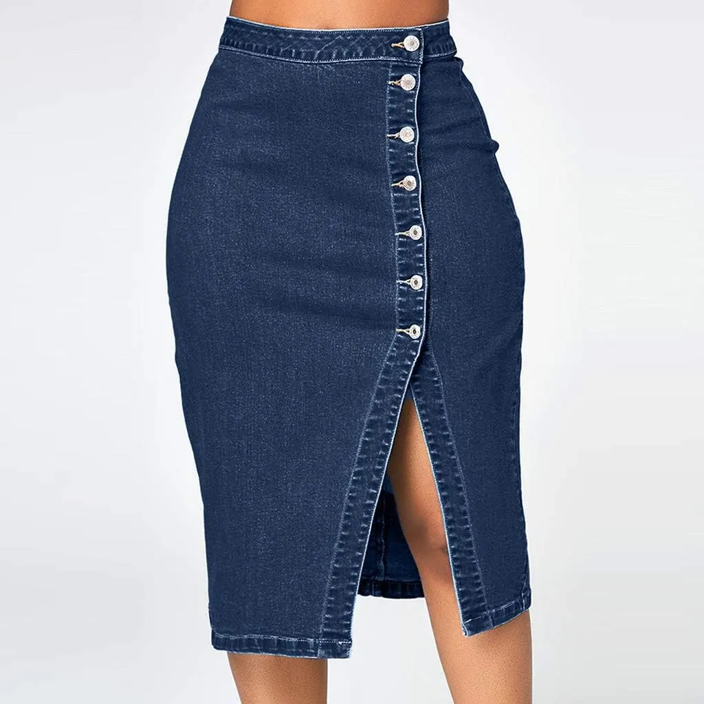 Women Fashion Denim Pencil Skirt High Waisted Blow Knee Blue Jeans Skirts Plus Size Pencil Skirt (Blue, XL)