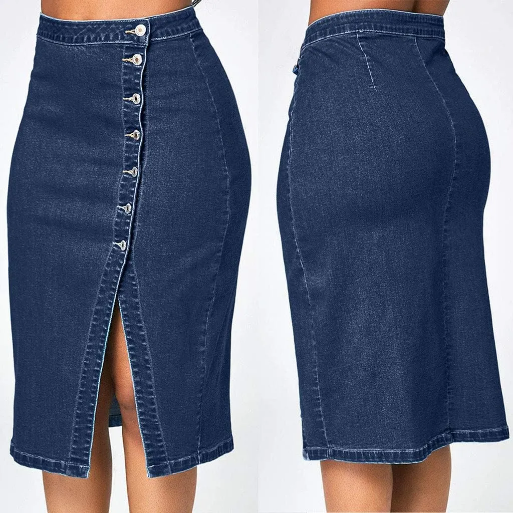 Women Fashion Denim Pencil Skirt High Waisted Blow Knee Blue Jeans Skirts Plus Size Pencil Skirt (Blue, XL)