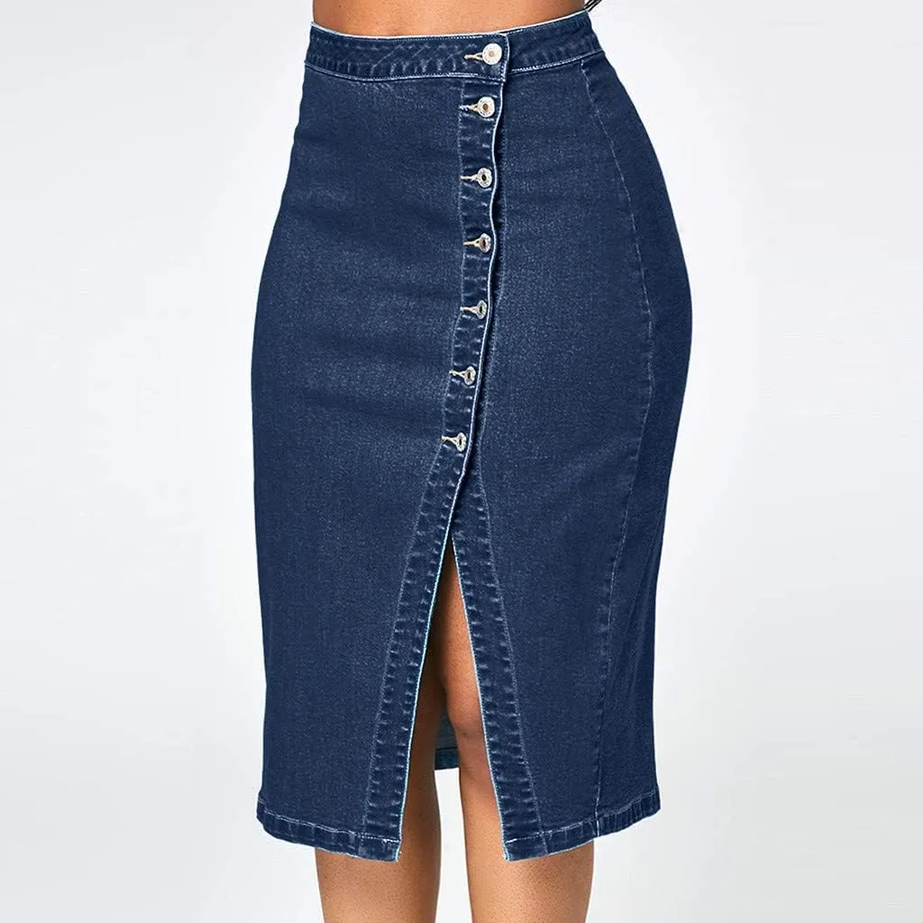 Women Fashion Denim Pencil Skirt High Waisted Blow Knee Blue Jeans Skirts Plus Size Pencil Skirt (Blue, XL)