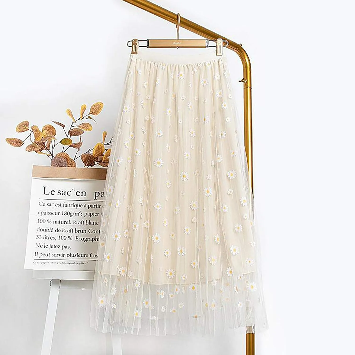 Women Floral Daisies Printed Skirt Pleated Mesh Elastic Waist Skirt Double Layer Swing A-Line Tulle Skirt