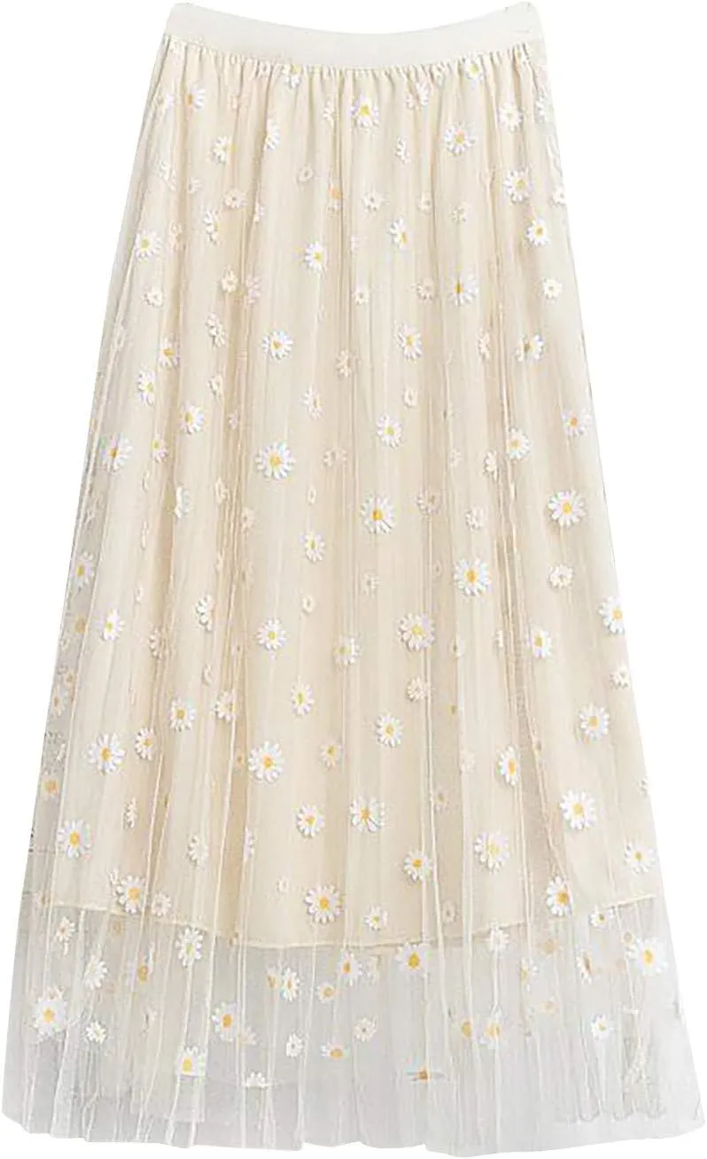 Women Floral Daisies Printed Skirt Pleated Mesh Elastic Waist Skirt Double Layer Swing A-Line Tulle Skirt