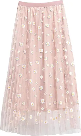 Women Floral Daisies Printed Skirt Pleated Mesh Elastic Waist Skirt Double Layer Swing A-Line Tulle Skirt