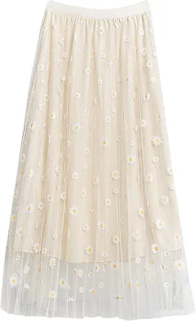 Women Floral Daisies Printed Skirt Pleated Mesh Elastic Waist Skirt Double Layer Swing A-Line Tulle Skirt