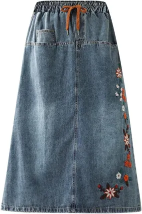 Women Floral Embroidery Denim Skirt Elastic Waist Drawstring A Line Skirt Mid Length Half Skirt with Pockets