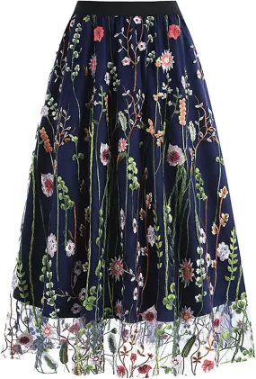 Women Floral Embroidery Skirt Elastic Waist Loose A Shaped Skirt Double Layer Pleated Midi Skirt