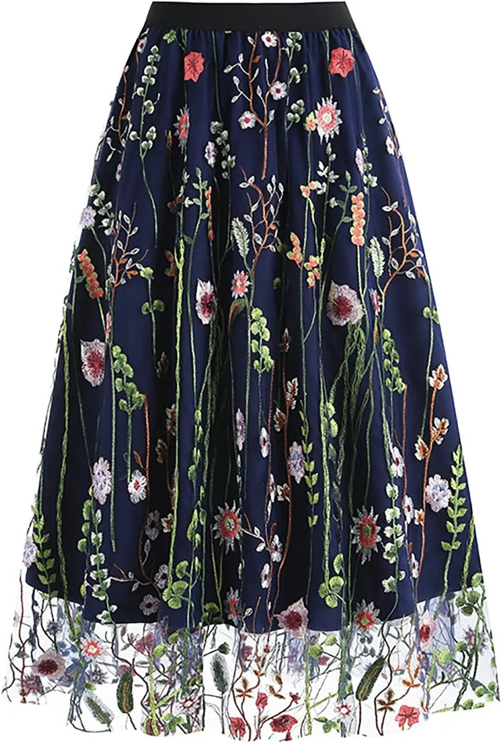 Women Floral Embroidery Skirt Elastic Waist Loose A Shaped Skirt Double Layer Pleated Midi Skirt