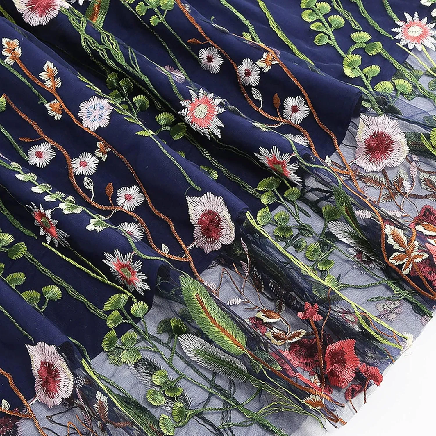 Women Floral Embroidery Skirt Elastic Waist Loose A Shaped Skirt Double Layer Pleated Midi Skirt
