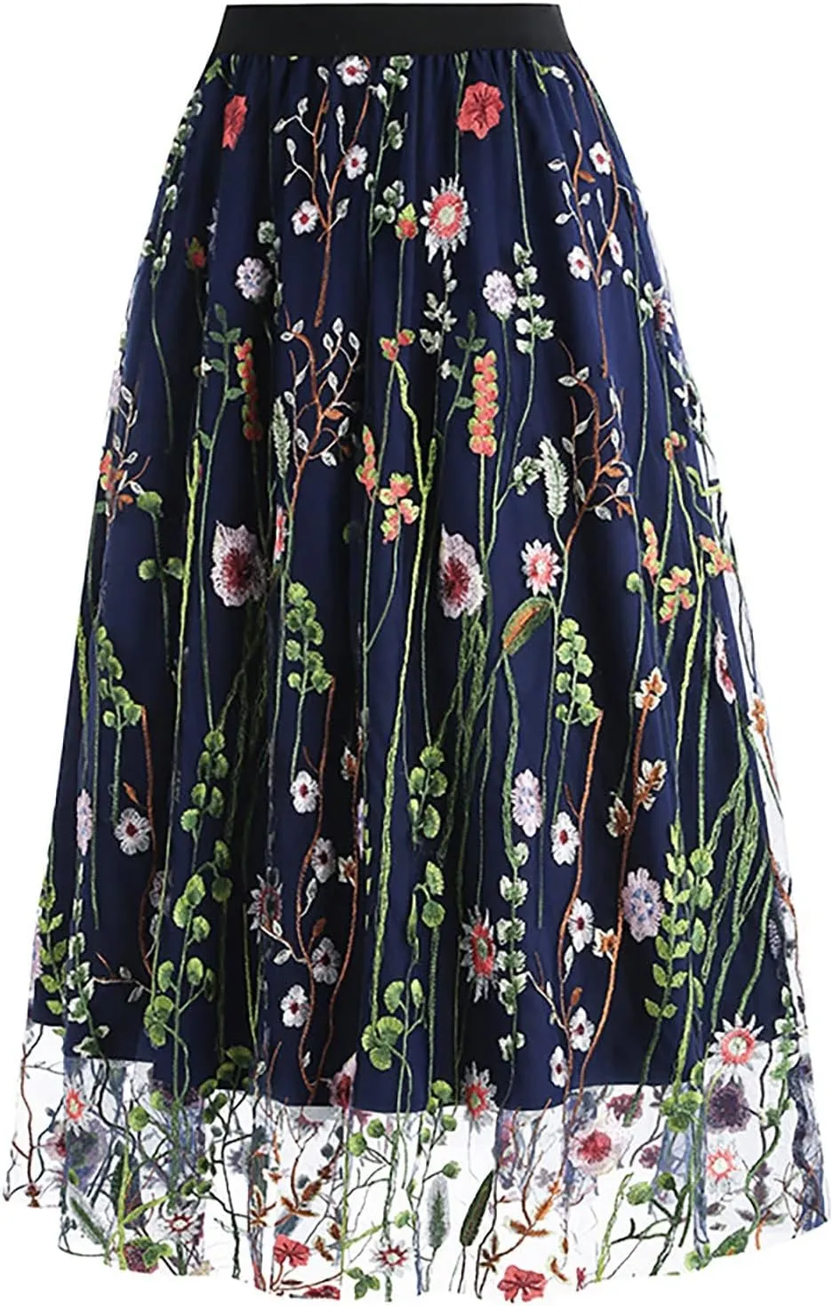 Women Floral Embroidery Skirt Elastic Waist Loose A Shaped Skirt Double Layer Pleated Midi Skirt