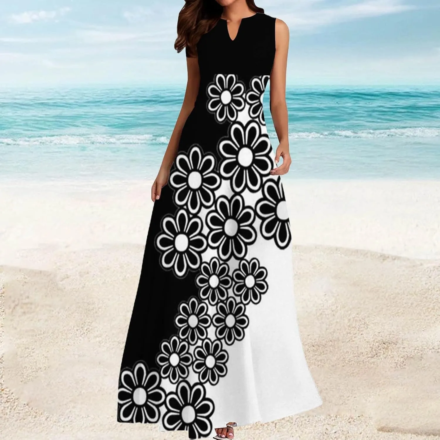 Women Floral Print Maxi Dresses Sleeveless V Neck Dress Casual Flowy Beach Long Sundress 2025 Summer Vacation Outfits