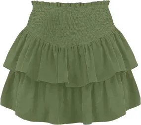 Women High Elastic Waist Pleated Mini Skirt Casual Asymmetric Ruffle Tiered Skorts Basic Stretchy Flared Inner Shorts Skirts