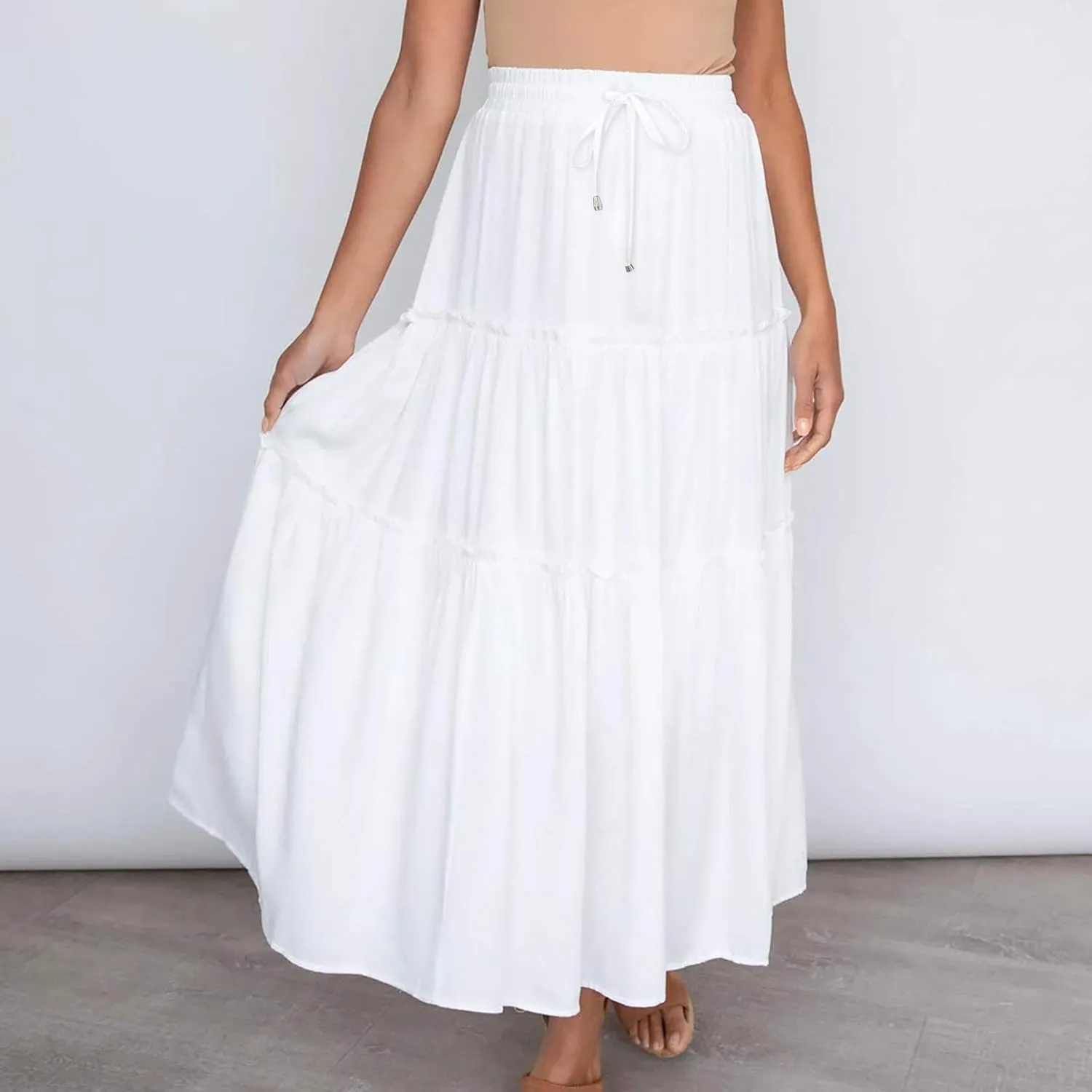 Women High Waist Casual Maxi Skirts Elastic Drawstring Pleated Long Skirt Loose Swing Beach Boho Skirt Half Dress