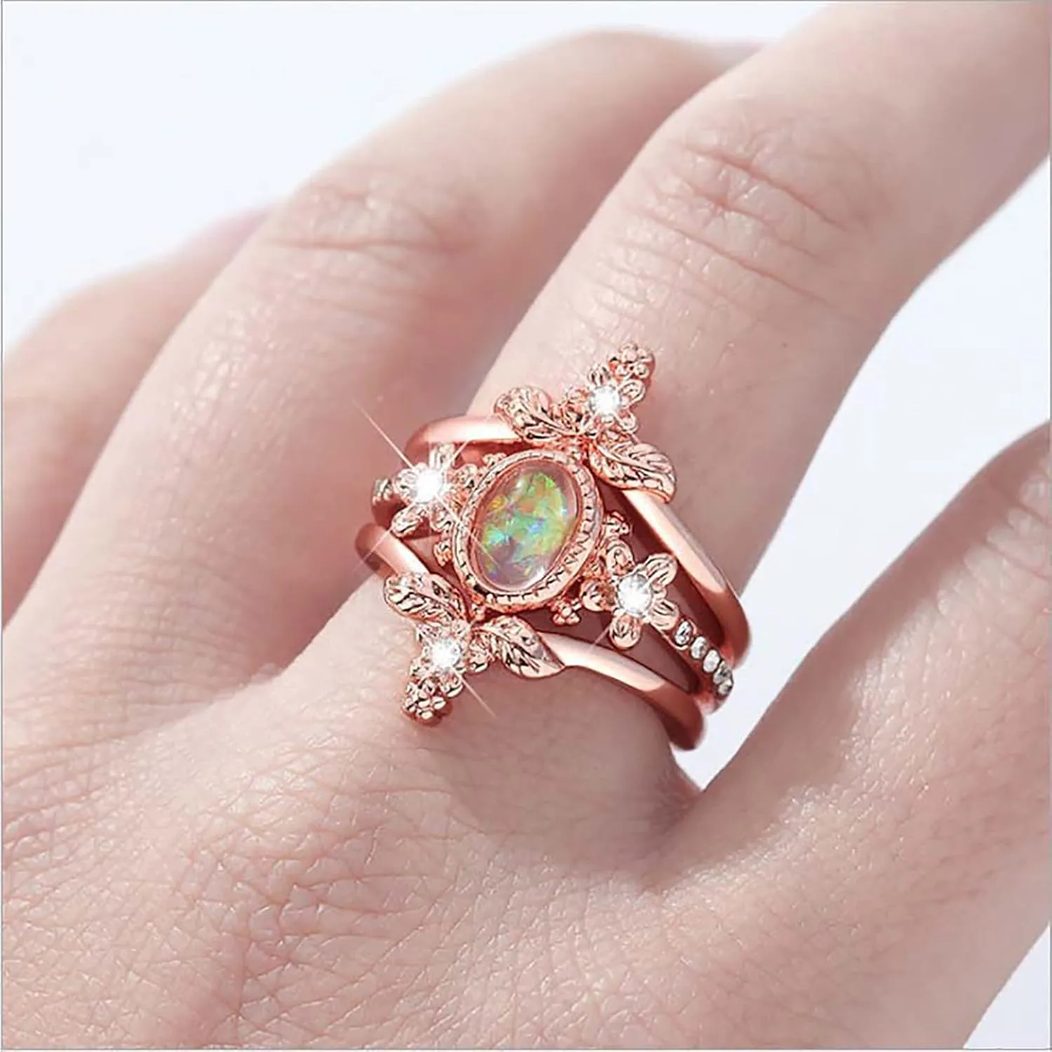 Women Inlaid Zircon Flower Ring Vintage Opal Jewelry Anniversary Ring Engagement Rings (Rose Gold, 8)