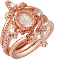 Women Inlaid Zircon Flower Ring Vintage Opal Jewelry Anniversary Ring Engagement Rings (Rose Gold, 8)