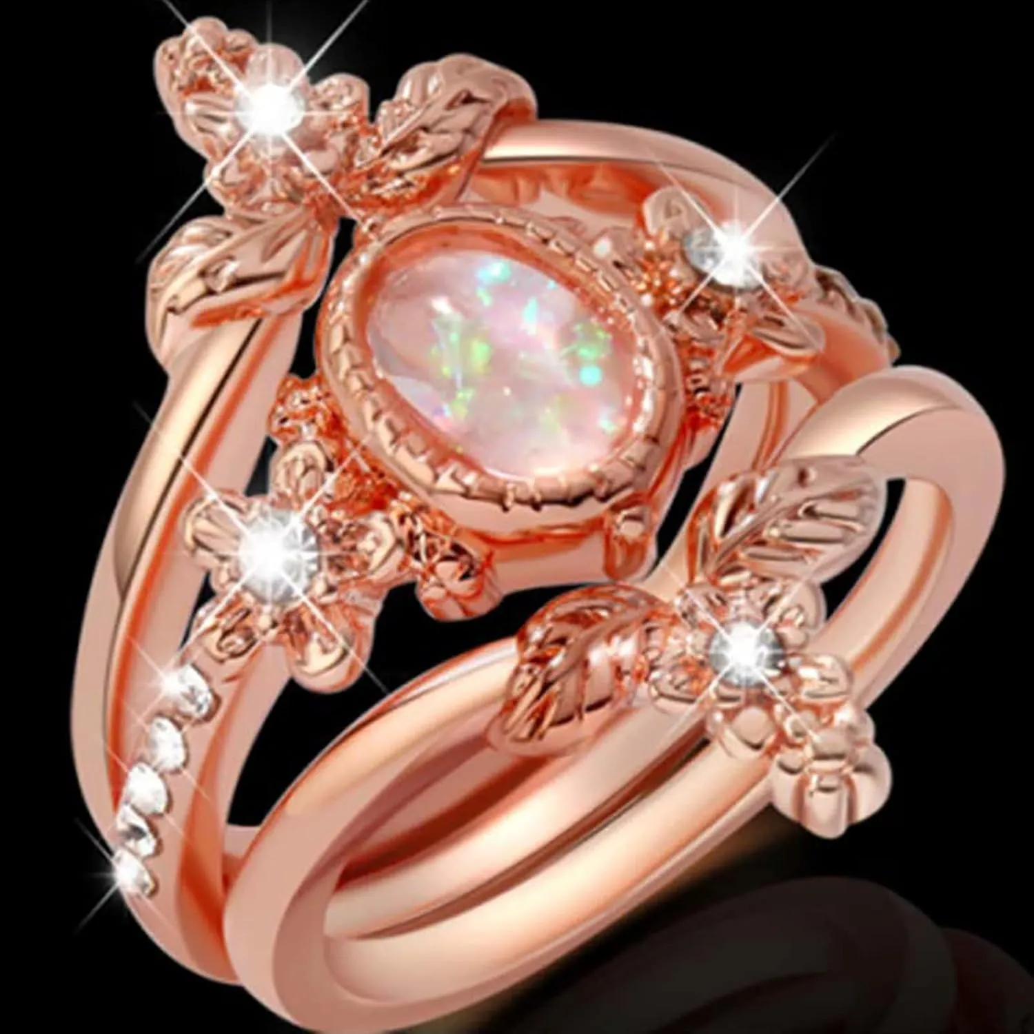 Women Inlaid Zircon Flower Ring Vintage Opal Jewelry Anniversary Ring Engagement Rings (Rose Gold, 8)
