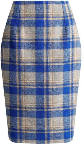 Women Knee Length Elastic Waist Stretchy Bodycon Business Pencil Skirt Slim Plaid Print Half Body Midi Hip Skirts