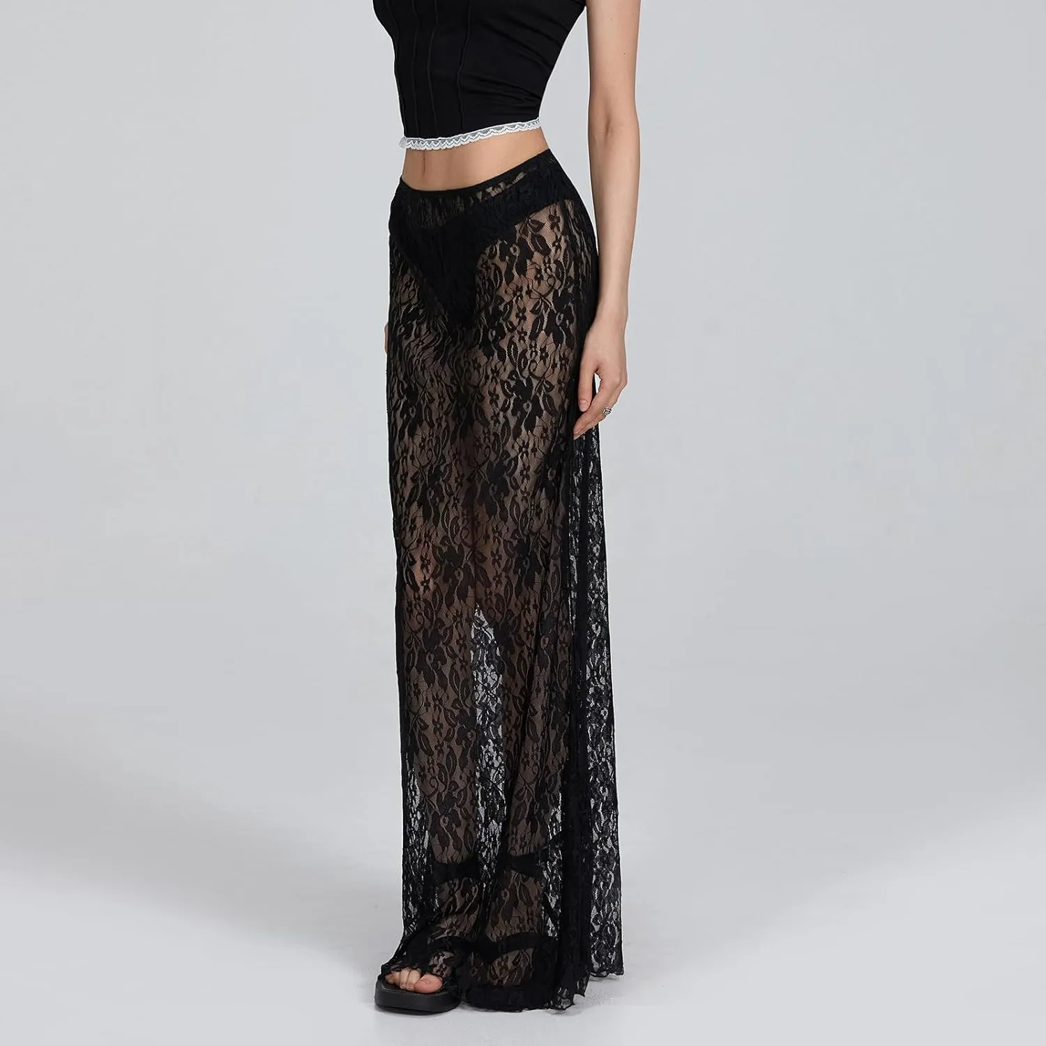 Women Lace Long Skirt Satin High Waist A-line Midi Skirt Y2K Summer Elegant Beach Party Maxi Skirts