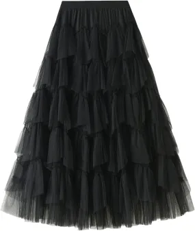 Women Mesh Layered A-Line Skirt Summer High Waist Party Skirt Elegant Mesh Patchwork Tulle Tutu Midi Skirt