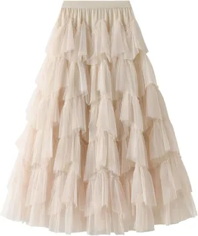 Women Mesh Layered A-Line Skirt Summer High Waist Party Skirt Elegant Mesh Patchwork Tulle Tutu Midi Skirt