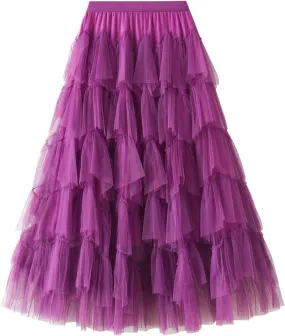Women Mesh Layered A-Line Skirt Summer High Waist Party Skirt Elegant Mesh Patchwork Tulle Tutu Midi Skirt