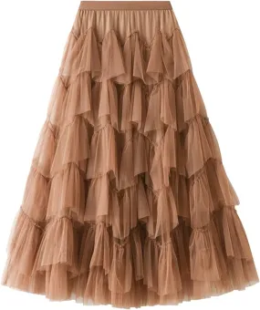 Women Mesh Layered A-Line Skirt Summer High Waist Party Skirt Elegant Mesh Patchwork Tulle Tutu Midi Skirt