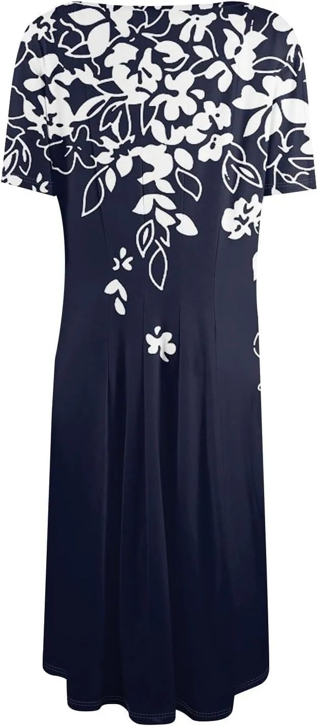 Women Midi Dresses Summer Casual Midi Dress 2025 Short Sleeve A-Line T-Shirt Flowy Beach Sundress with Pockets