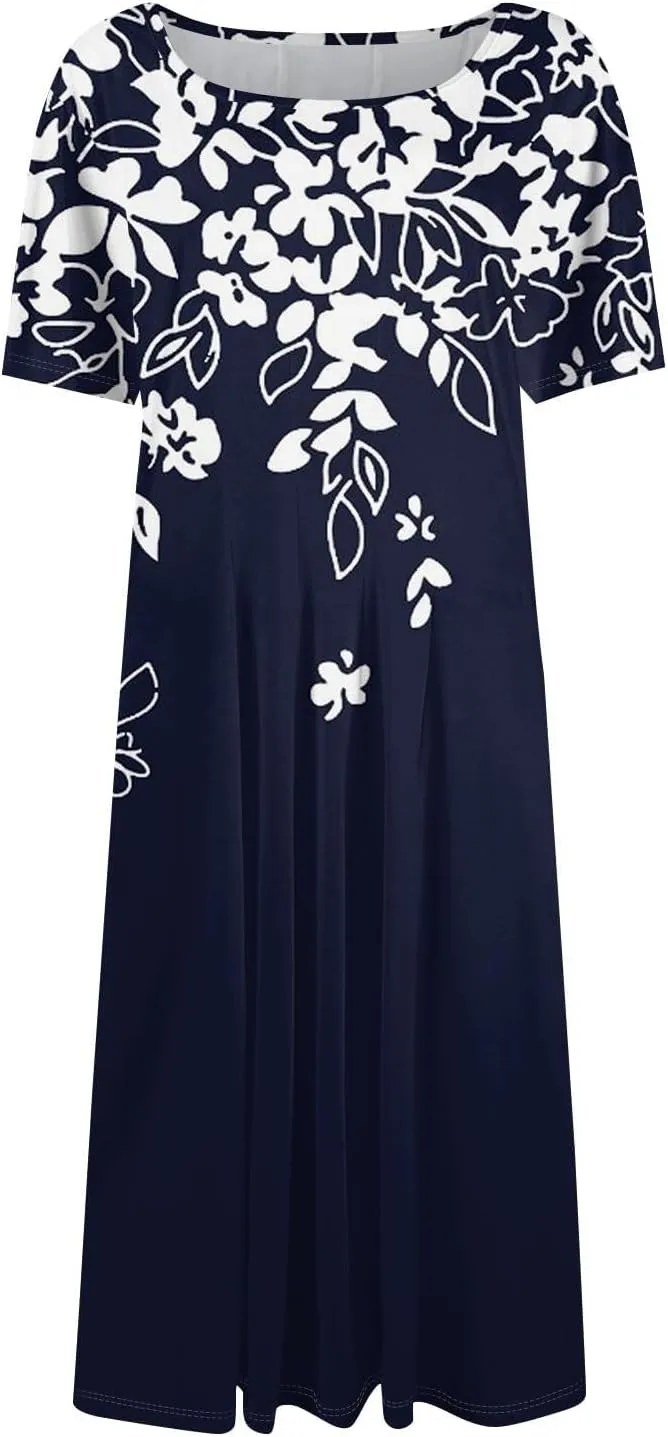 Women Midi Dresses Summer Casual Midi Dress 2025 Short Sleeve A-Line T-Shirt Flowy Beach Sundress with Pockets