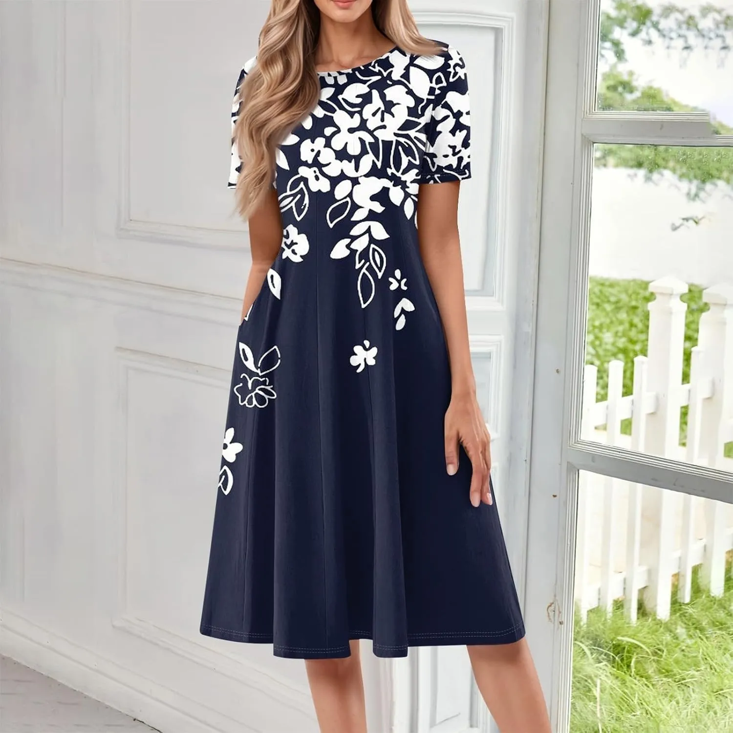 Women Midi Dresses Summer Casual Midi Dress 2025 Short Sleeve A-Line T-Shirt Flowy Beach Sundress with Pockets