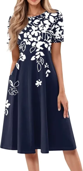 Women Midi Dresses Summer Casual Midi Dress 2025 Short Sleeve A-Line T-Shirt Flowy Beach Sundress with Pockets
