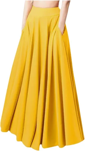 Women Pleated Long Skirts Elegant High Waisted A-Line Skirt Full Ankle Length Flowy Swing Maxi Skirt with Pockets