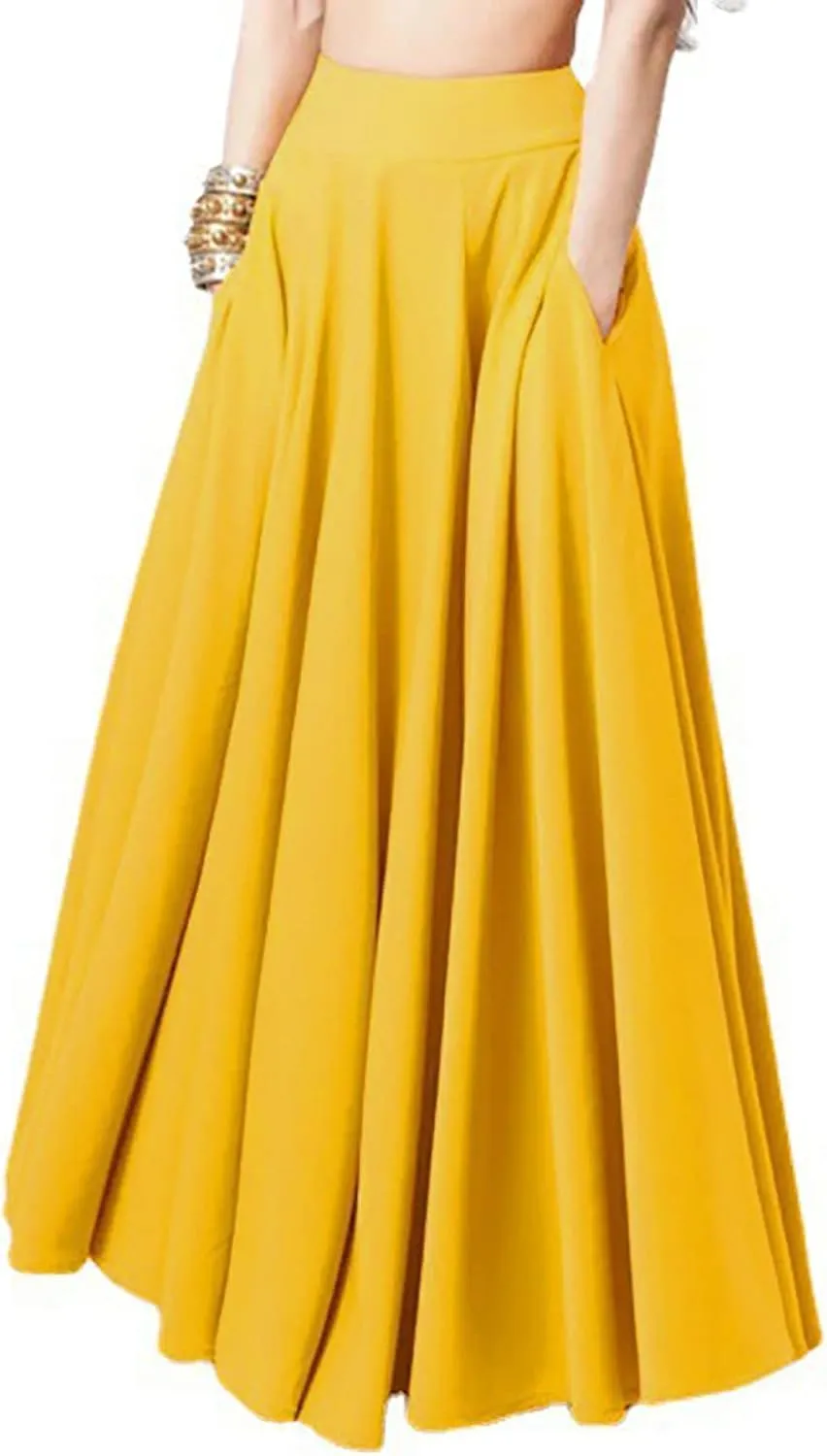 Women Pleated Long Skirts Elegant High Waisted A-Line Skirt Full Ankle Length Flowy Swing Maxi Skirt with Pockets