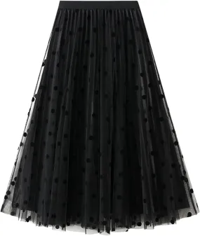 Women Polka Dot Print Fairy Midi Skirt Elastic Waist Tulle Tutu Skirts Layered Pleated A Line Skirts