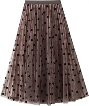 Women Polka Dot Print Fairy Midi Skirt Elastic Waist Tulle Tutu Skirts Layered Pleated A Line Skirts