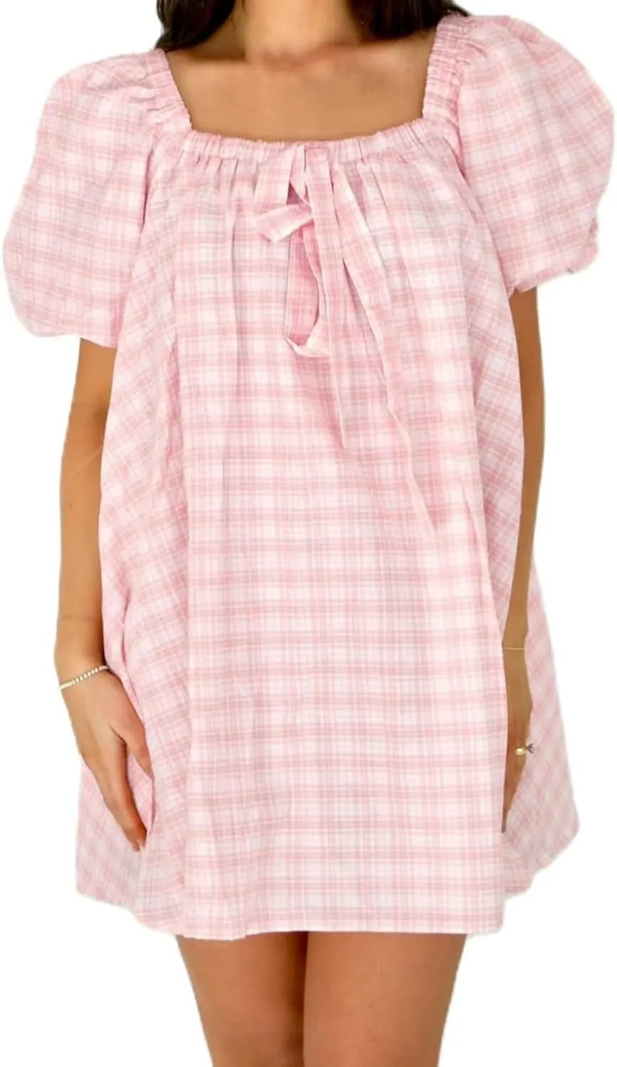 Women Puff Short Sleeve Mini Dress V-Neck Casual Flowy Babydoll Dresses A-Line Ruffle Beach Vacation Short Sundress