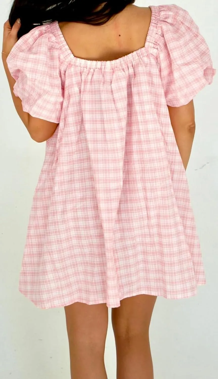 Women Puff Short Sleeve Mini Dress V-Neck Casual Flowy Babydoll Dresses A-Line Ruffle Beach Vacation Short Sundress