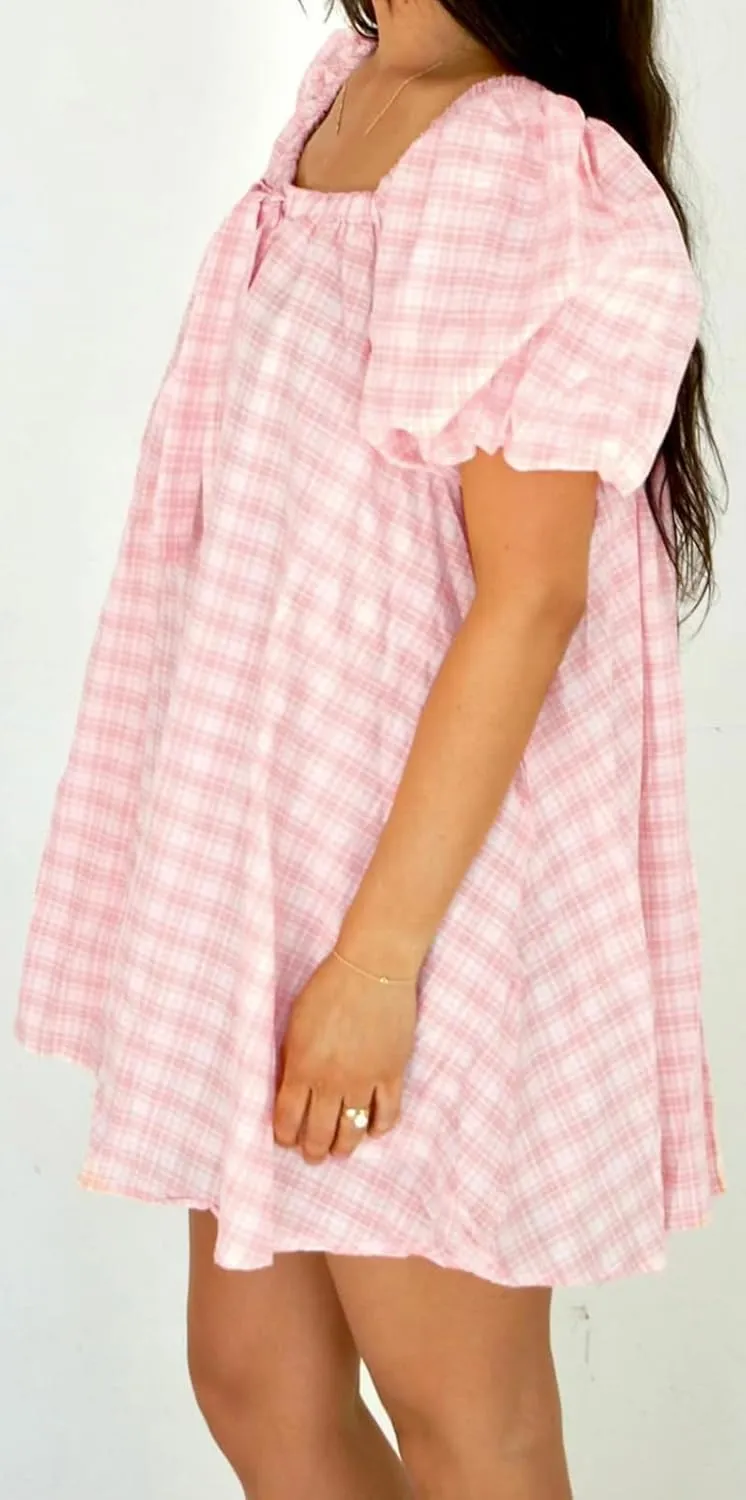 Women Puff Short Sleeve Mini Dress V-Neck Casual Flowy Babydoll Dresses A-Line Ruffle Beach Vacation Short Sundress