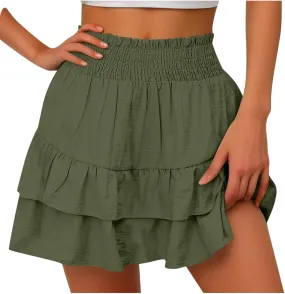 Women Ruffle Mini Skirts Smocked Waist Pleated Tiered Ruffle Hem Short Skirt Summer Casual Half Dress 2025 New
