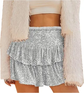 Women Sequin Skirt Sparkly Cute High Waist Ruffle Flowy Skirts Shiny Glitter Mini Short Skirts Night Out Club Party